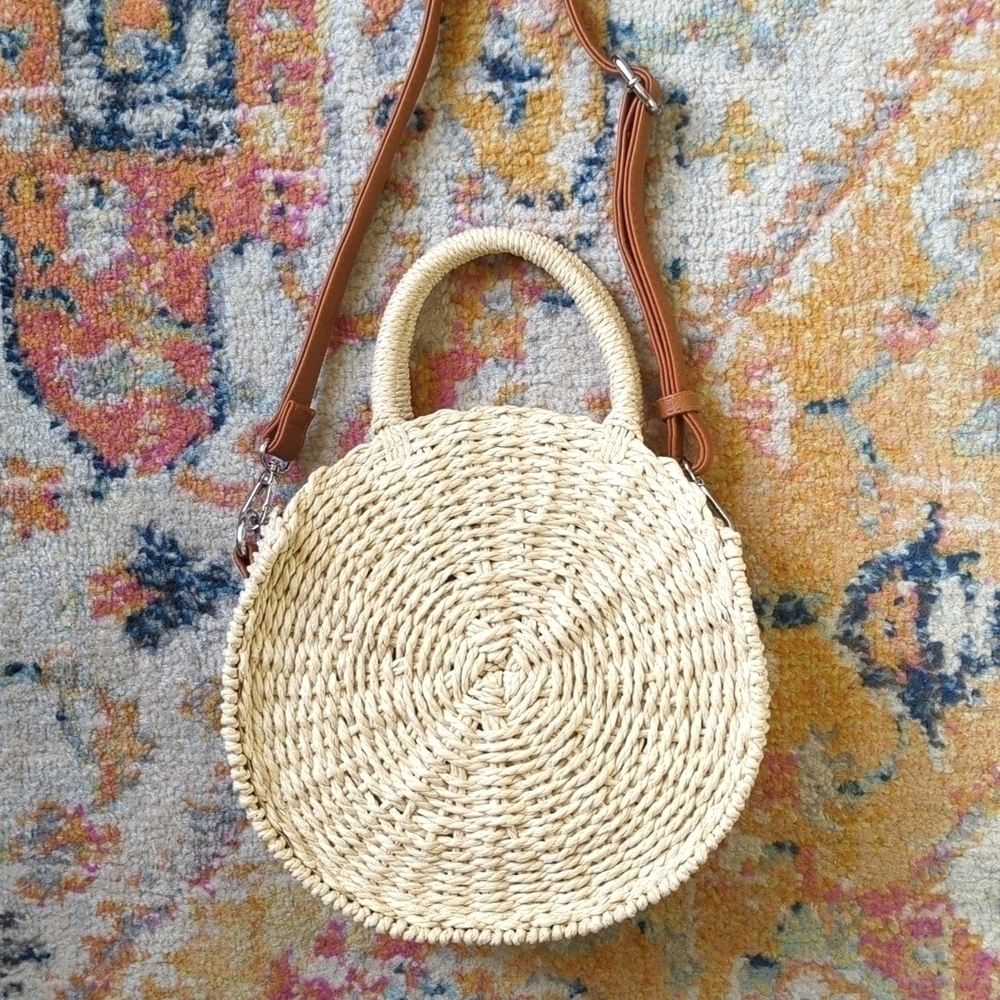 MMS Classic Summer & Beach Round Woven Straw Crossbody Bag Cream Brown
